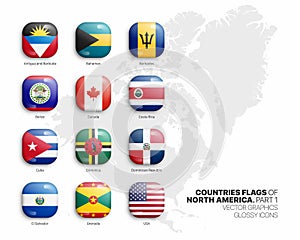 North America Countries Flags Vector 3D Glossy Icons Set Isolated On White Background Part 1