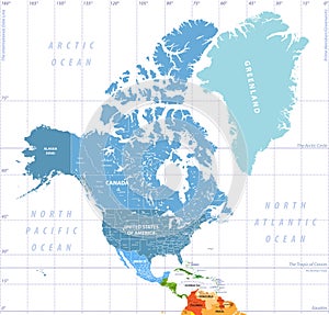 North America high detailed political map. All layers detached and labeled.