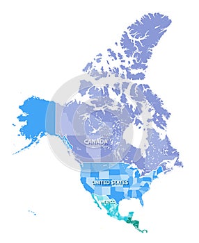 North America high detailed vector map with states borders of Canada, USA and Mexico.