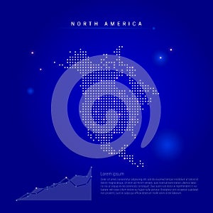 North America illuminated map with glowing dots. Dark blue space background. Vector illustration