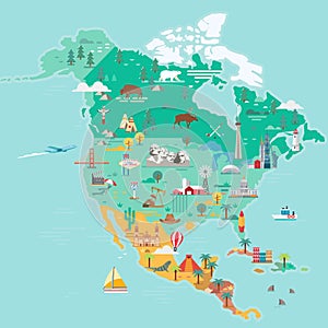 North America Map. Tourist and travel landmarks