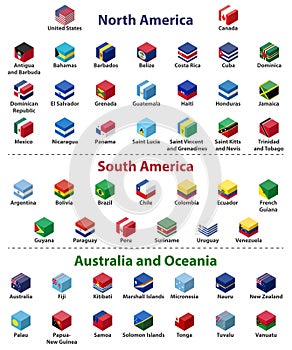 North America, South America, Australia and Oceanian all countries flags in cube isometric design vector set