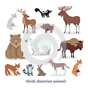 North American Animals Cartoon Flat Icons Set