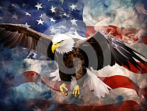 North American Bald Eagle on American flag