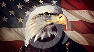 North American Bald Eagle on American flag background, neural network generated photorealistic image