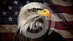 North American Bald Eagle on American flag background, neural network generated photorealistic image