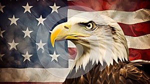 North American Bald Eagle on American flag background, neural network generated photorealistic image