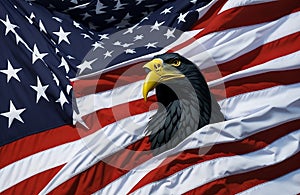 north american bald eagle with american flag celebrating Independence Day 4th july