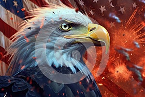 North american bald eagle and USA flag. United States of America patriotic symbols. Generative AI