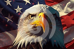 North american bald eagle and USA flag. United States of America patriotic symbols. Generative AI
