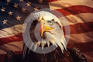 North american bald eagle and USA flag. United States of America patriotic symbols. Generative AI