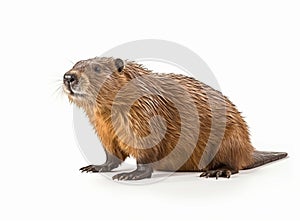 North American Beaver stands sideways and looking to camera - front view. Castor canadensis Isolated on a white