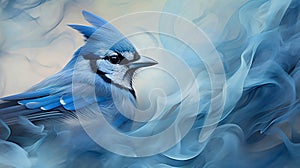 North American Blue Jay in blue smoke, radiating an enchanting aura in harmony with nature\'s wonders