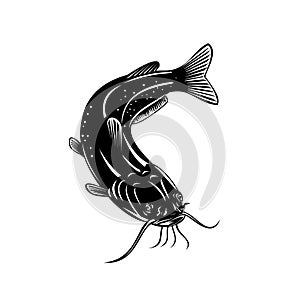North American Channel Catfish Ictalurus Punctatus or Channel Cat Swimming Down Retro Woodcut Black and White