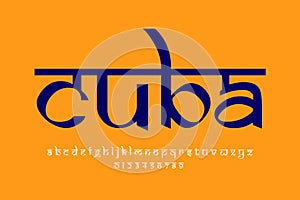 North American Country Cuba name text design. Indian style Latin font design, Devanagari inspired alphabet, letters and numbers,