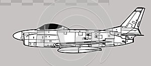 North American F-86D Sabre. Vector drawing of early jet interceptor aircraft.