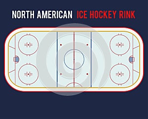 North American ice hockey rink on the blue background. Top view illustration.