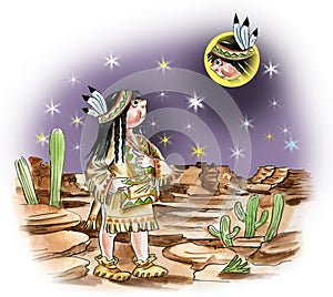 North american indian girl watching moon