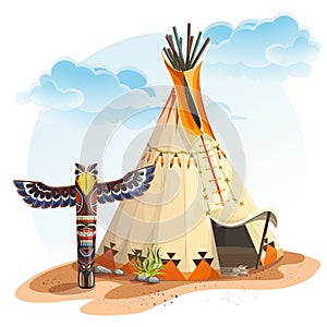 North American Indian tipi home with totem photo