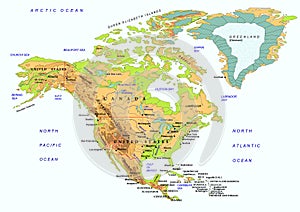 North American map with names of objects, vector