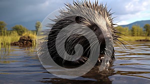 North American Porcupine Erethizon dorsatum in water. Generative Ai