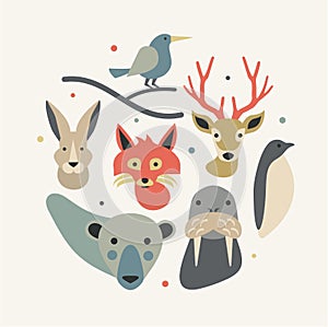 North animals, vector flat illustration, white background