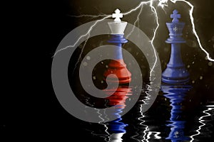 North Atlantic Treaty Organization nato and Russia flags paint over on chess king. 3D illustration Ukraine vs Russia crisis