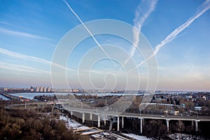 North Bridge and traffic roundabout in Voronezh, evening cityscape aerial view f