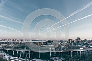 North Bridge and traffic roundabout in Voronezh, evening cityscape aerial view f