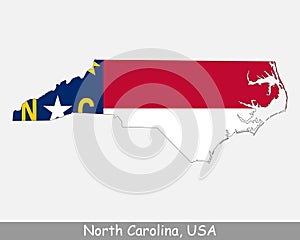 North Carolina Map Flag. Map of NC, USA with the state flag isolated on white background. United States, America, American, United