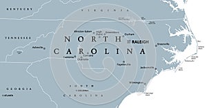 North Carolina, NC, gray political map, Old North State, Tar Heel State