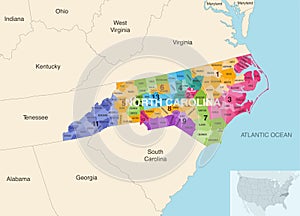 North Carolina state counties colored by congressional districts vector map with neighbouring states and terrotories