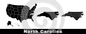 North Carolina state map, USA. Set of North Carolina maps with outline border, counties and US states map. Black and white color