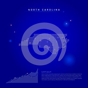 North Carolina US state illuminated map with glowing dots. Dark blue space background. Vector illustration