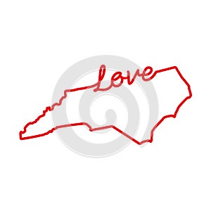 North Carolina US state red outline map with the handwritten LOVE word. Vector illustration