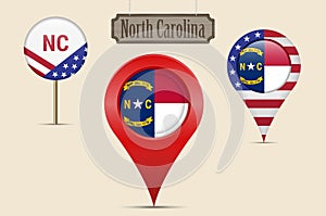 North Carolina US state round flag. Map pin, red map marker, location pointer. Hanging wood sign. Vector illustration