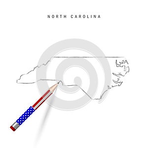 North Carolina US state vector map pencil sketch. North Carolina outline map with pencil in american flag colors