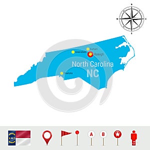 North Carolina Vector Map Isolated on White. High Detailed Silhouette of North Carolina. Official Flag of North Carolina