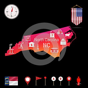 North Carolina Vector Map, Night View. Compass Icon, Map Navigation Elements. Pennant Flag of the USA. Industries Icons