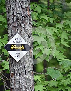 North Carolina Wildlife Game Lands Sign Posted on a Tree