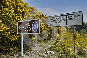 North Coast 500 NC500 road signs in the Scottish Highlands