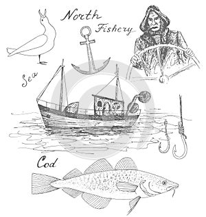 North cod fishery. Hand drawn black realistic outline vector illustration.