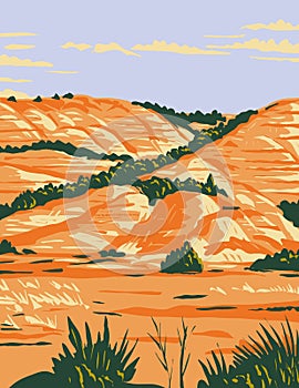 North Dakota Badlands in Theodore Roosevelt National Park Located in Medora North Dakota WPA Poster Art