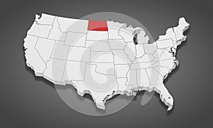 North Dakota State Highlighted on the United States of America 3D map. 3D Illustration