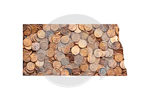 North Dakota State Map Outline and United States Money Concept, Piles of Coins, Pennies