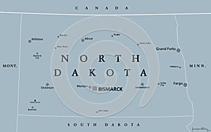 North Dakota, ND, gray political map, US state, Peace Garden State photo