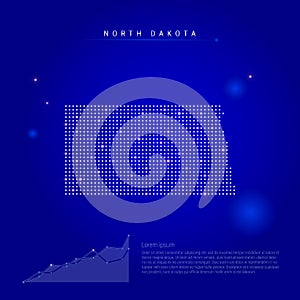 North Dakota US state illuminated map with glowing dots. Dark blue space background. Vector illustration