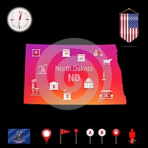 North Dakota Vector Map, Night View. Compass Icon, Map Navigation Elements. Pennant Flag of the USA. Industries Icons