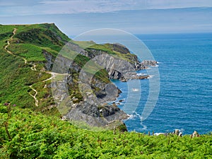 The north Devon coast near Lee Bay showing the steeply inclined slate strata of the Morte Slates Formation