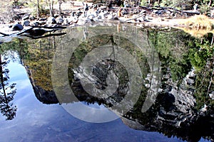 North dome and Washington Column reflection in the Mirror lake, Yosemite National Park, California